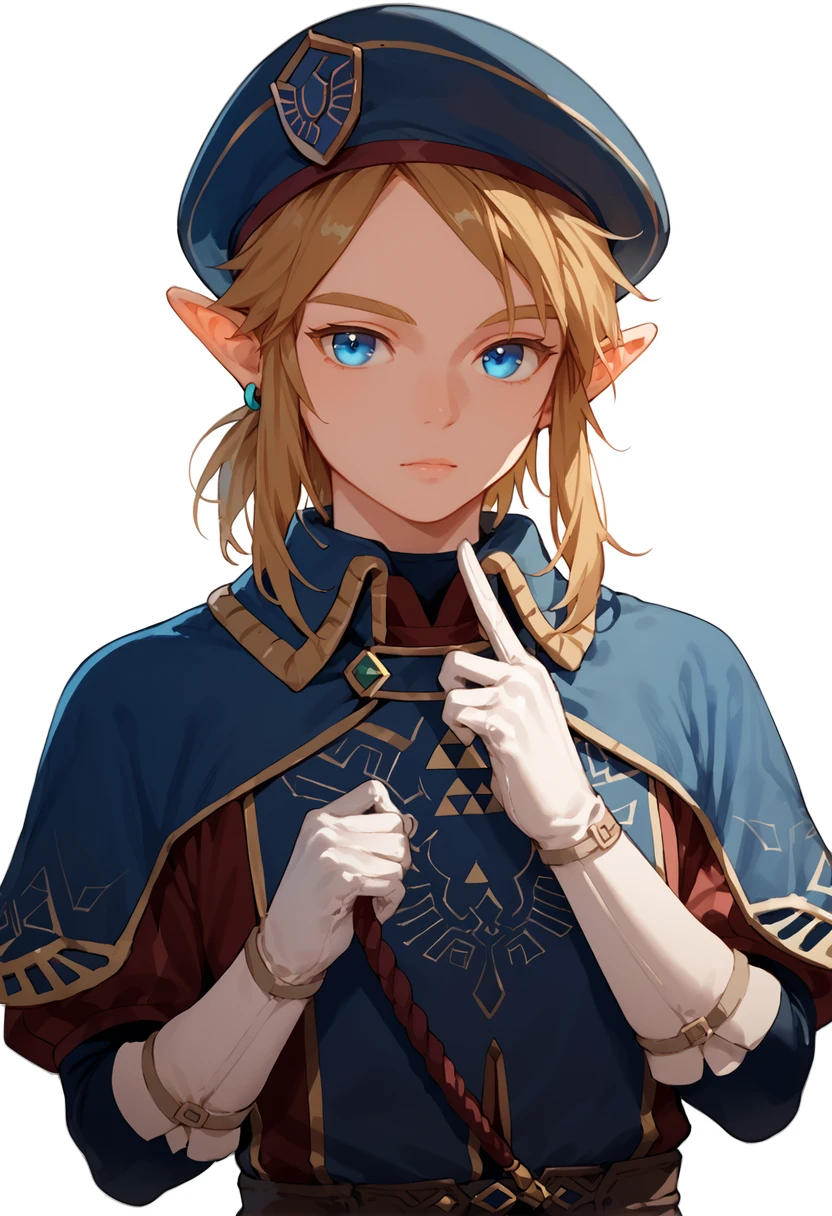 score_9, score_8_up, score_7_up, score_6_up, score_5_up, score_4_up, source_anime,
link, royal_guard, 1boy, solo, femboy, pointy ears, white gloves, blue eyes, hat, bangs, sidelocks, uniform