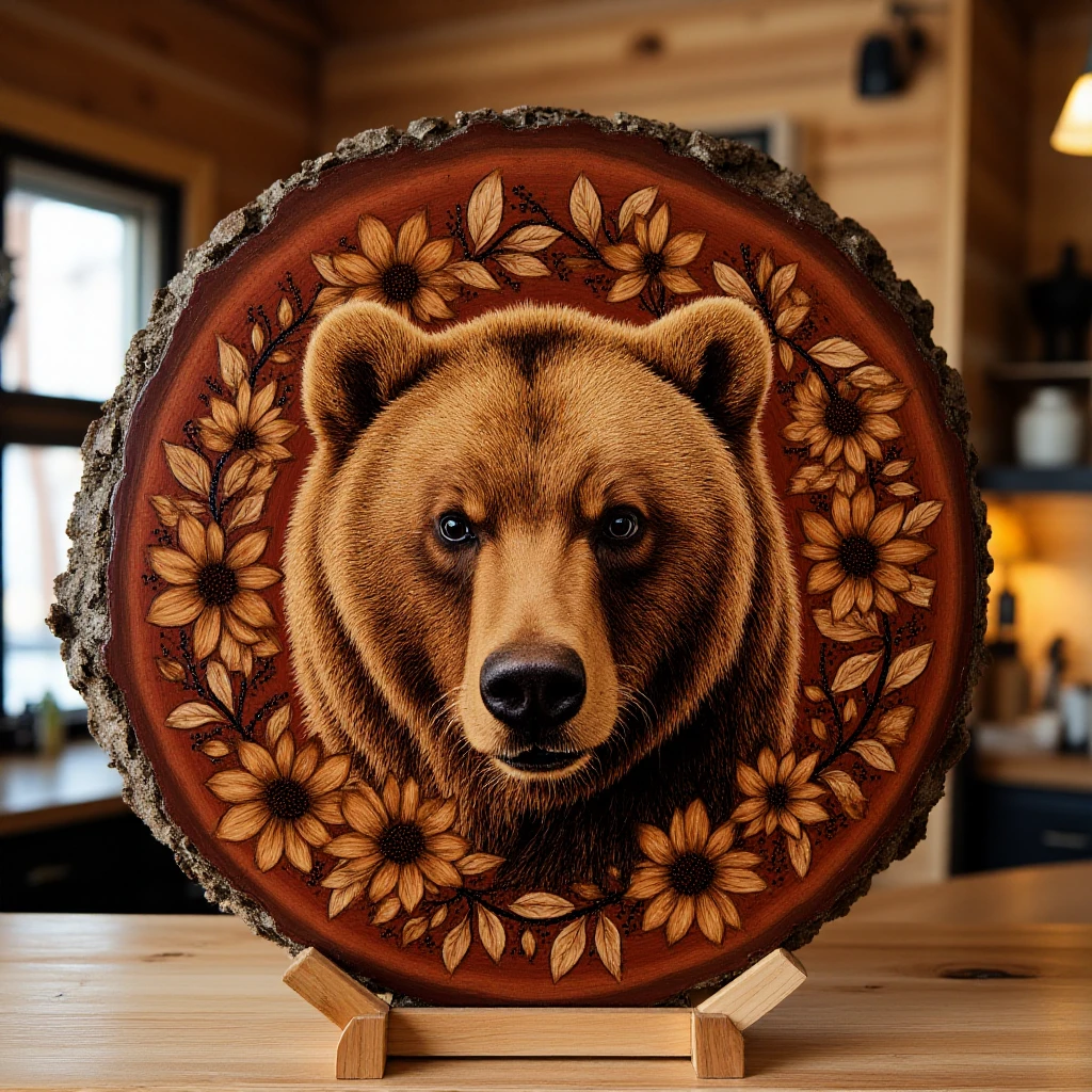 <lora:Pyrography_FLUX-000027:0.8> Pyrography,  grizzly bear, close-up, highly detailed, highly decorated with flower border, embossed,  dark,  stained  dark red, round piece of  tree trunk being displayed on a knotted wooden countertop in a rustic lodge