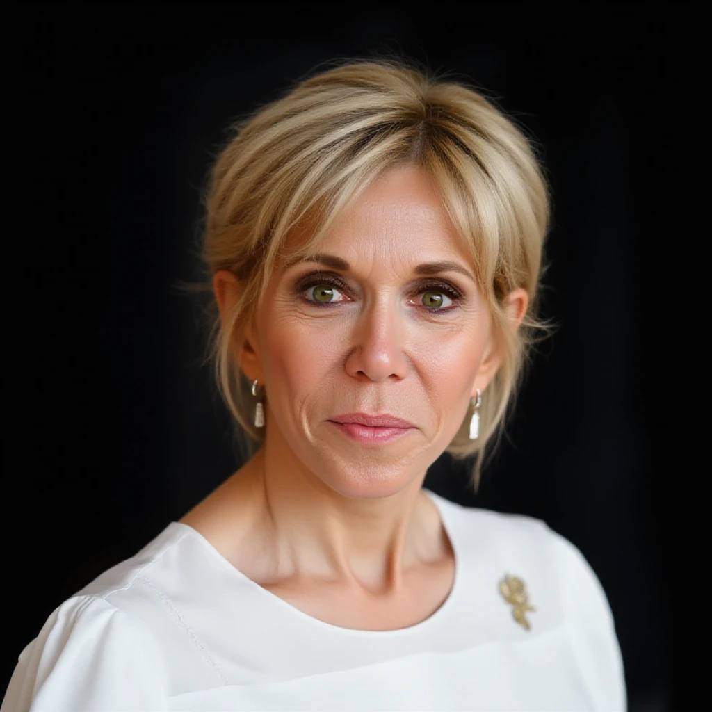 Brigitte Macron a 65yo woman wearing a white blouse, blonde hair, realistic eyes, analog film still, kodak ektachrome, award winning photography, dark background