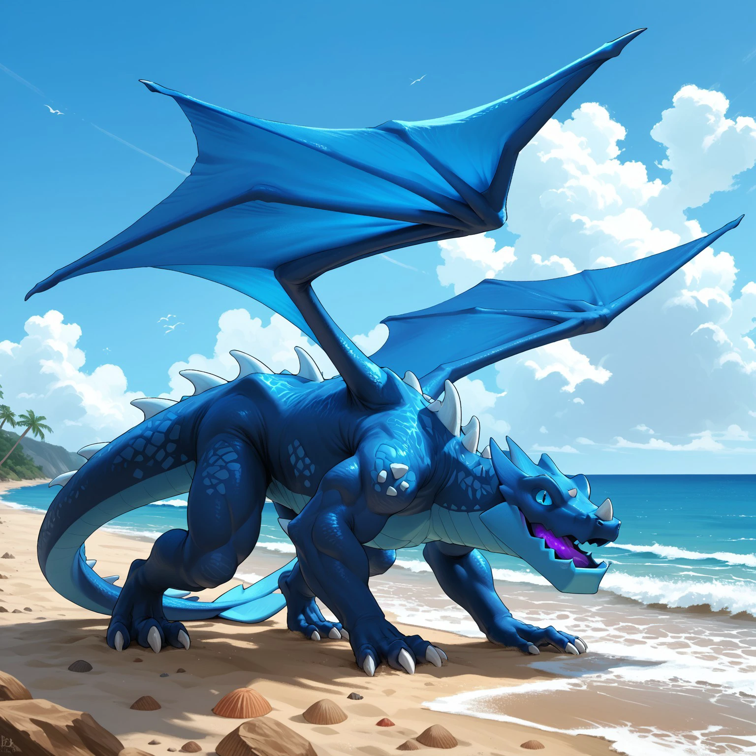 safe_pos, score_9, score_8_up, score_7_up,source_furry, furry , muscular male, dragon , masterpiece, high quality, best quality, rating_safe,BREAK,no humans,colored sclera, full body, from side, open mouth, claws, beach, electro dragon, nose horn, blue sky, sea, sand, tree, blue body, wings, tail, tail fin, all fours, (purple tongue:1.2),tongue out 