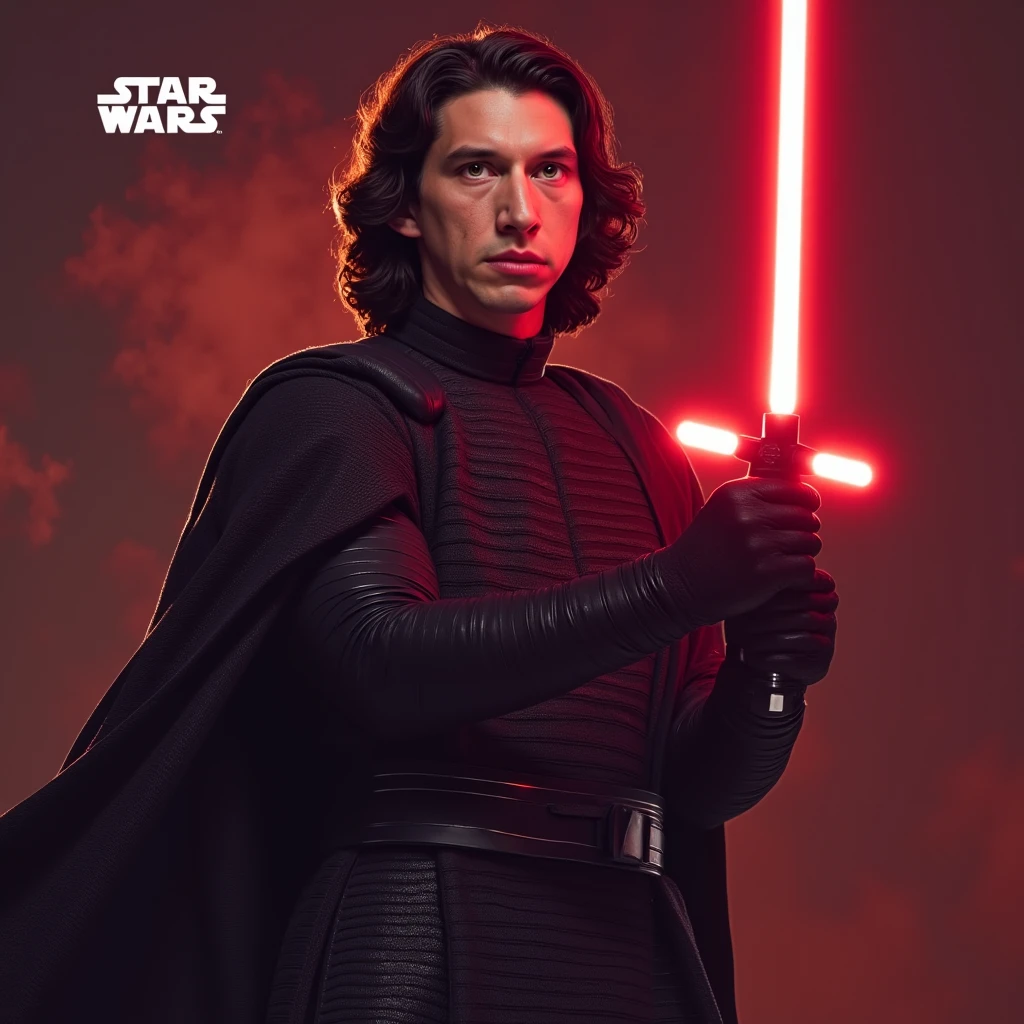 Kylo Ren in a Sith robe and his hand extended with a red lightsaber in the other hand, "Star Wars" text behind him