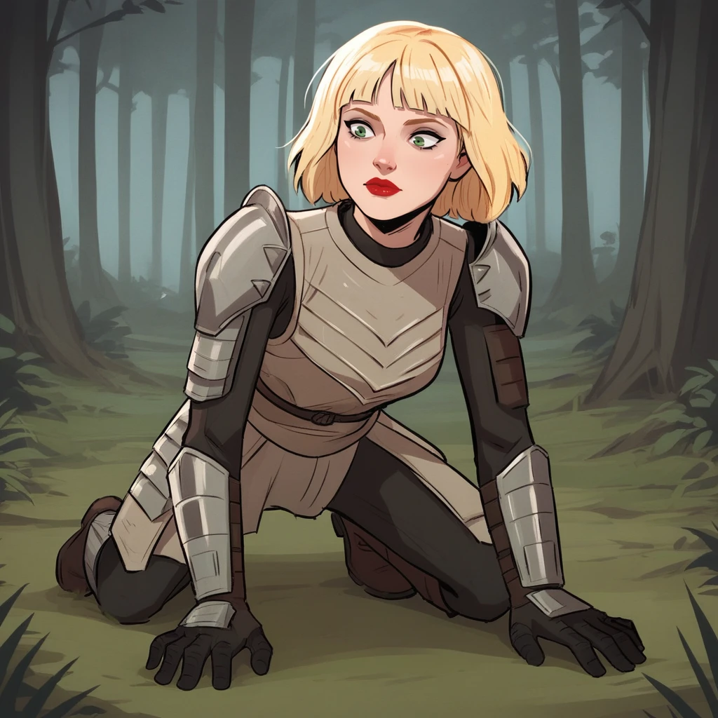 score_9_up, score_8_up, BREAK, ShinHati, 1girl, solo, blonde hair, short hair, green eyes,  lipstick,  armor, boots, on floor, <lora:ShinHati_PXL_Leaf1:1>, forest,