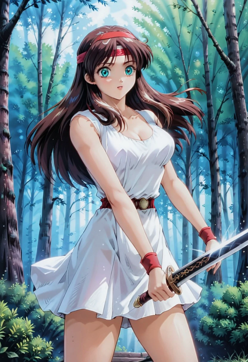 1 girl, alone, teal eyes, detailed pupils, long hair, brown hair, medium breasts, headband, red headband, greek dress, white dress, short dress, long cleavage, motion blur, brave perspective, holding sword, depth of field, tree, bush, outdoors, nature, forest, tree shadows