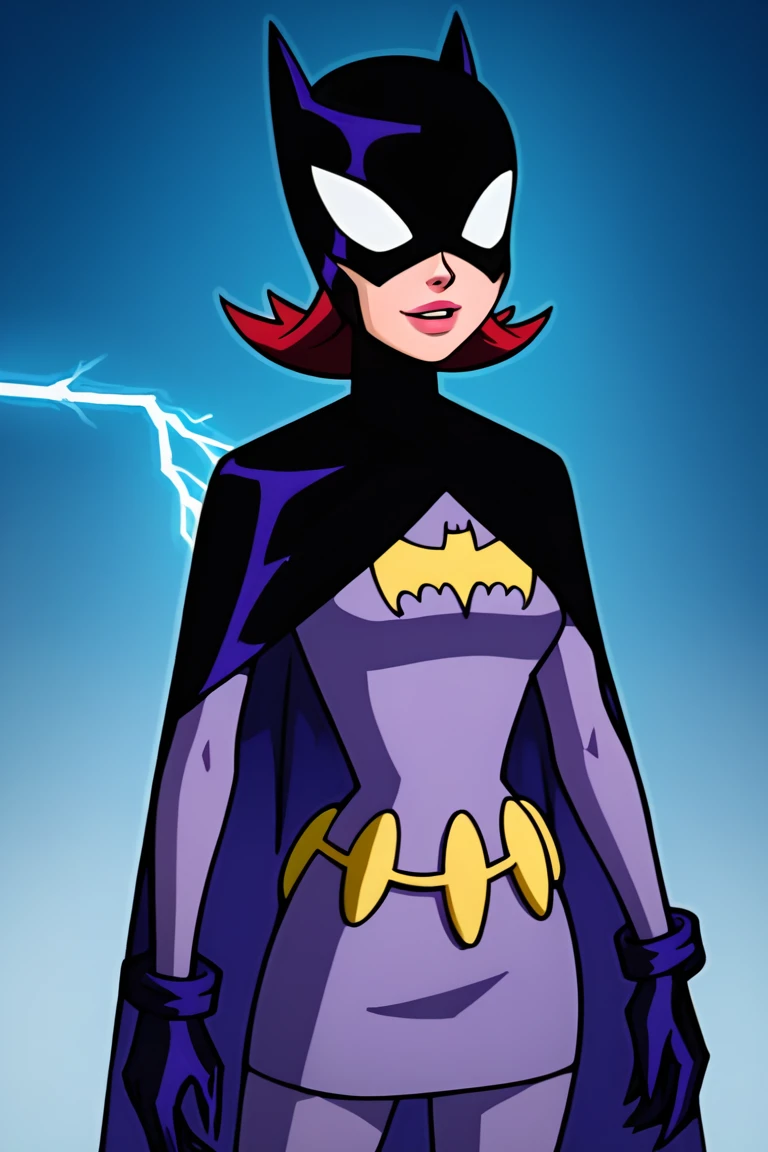 score_9, score_8_up, score_7_up,the_batgirl,1girl,solo,smile,mask,white eyes,no pupils,red hair,lipstick,red lips,black cape,bat print,purple bodysuit,utility belt,black gloves,skirt,blue theme,smile, lightning