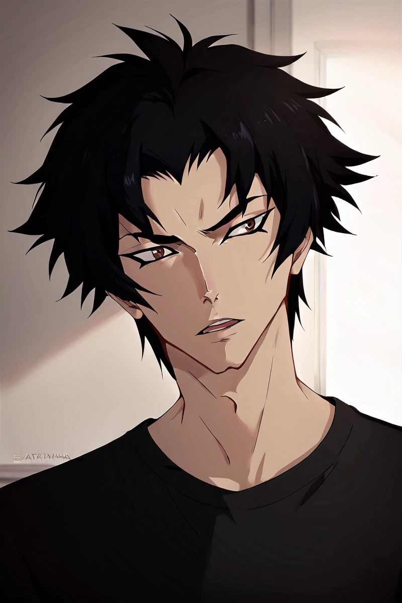 score_7_up, score_6_up, solo, male, akira, black hair, brown eyes, eyeliner, portrait, bust, black shirt <lora:Akira:0.8>