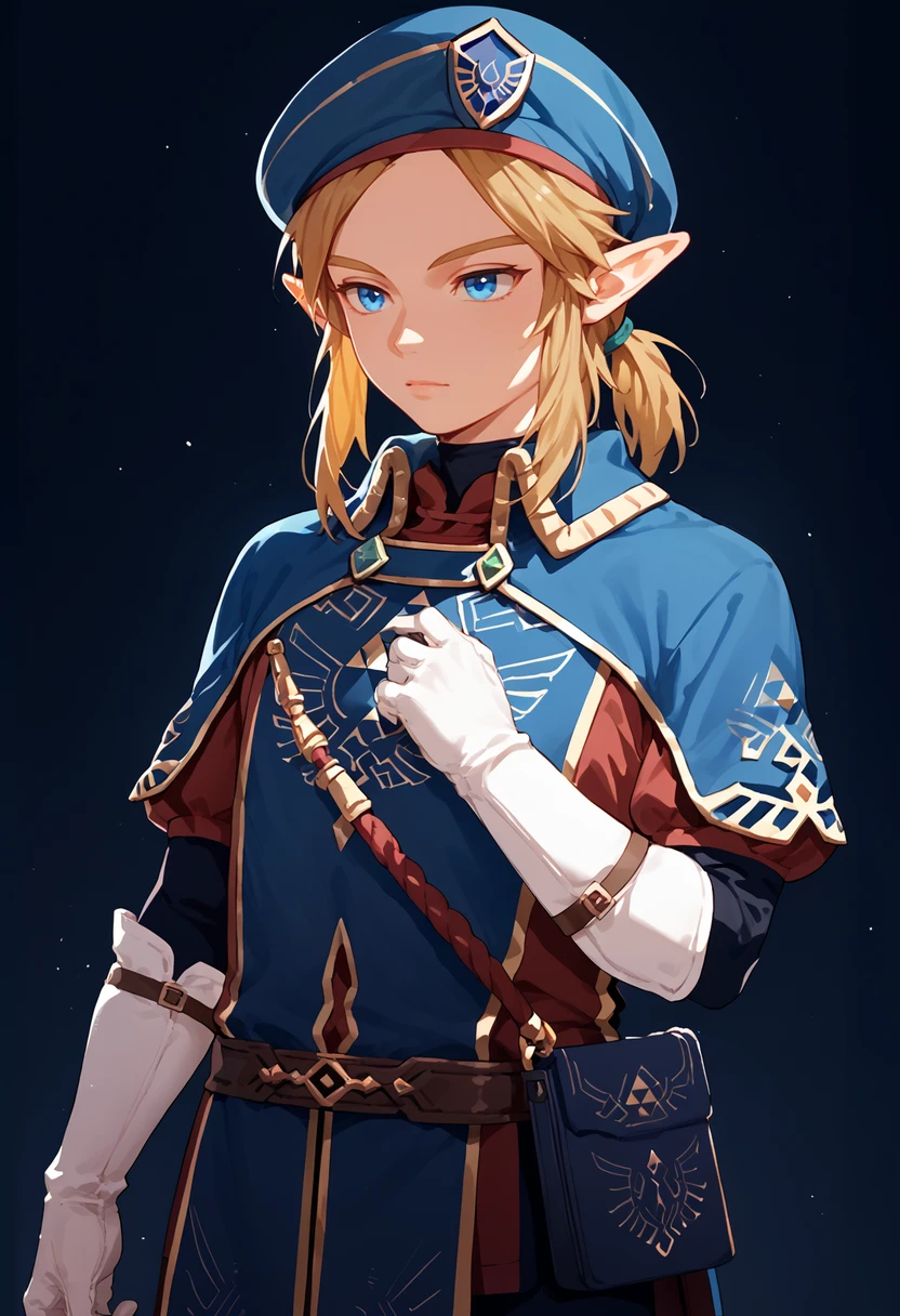 score_9, score_8_up, score_7_up, score_6_up, score_5_up, score_4_up, source_anime,

link, royal_guard, 1boy, solo, femboy, pointy ears, white gloves, blue eyes,  hat, bangs, sidelocks, uniform