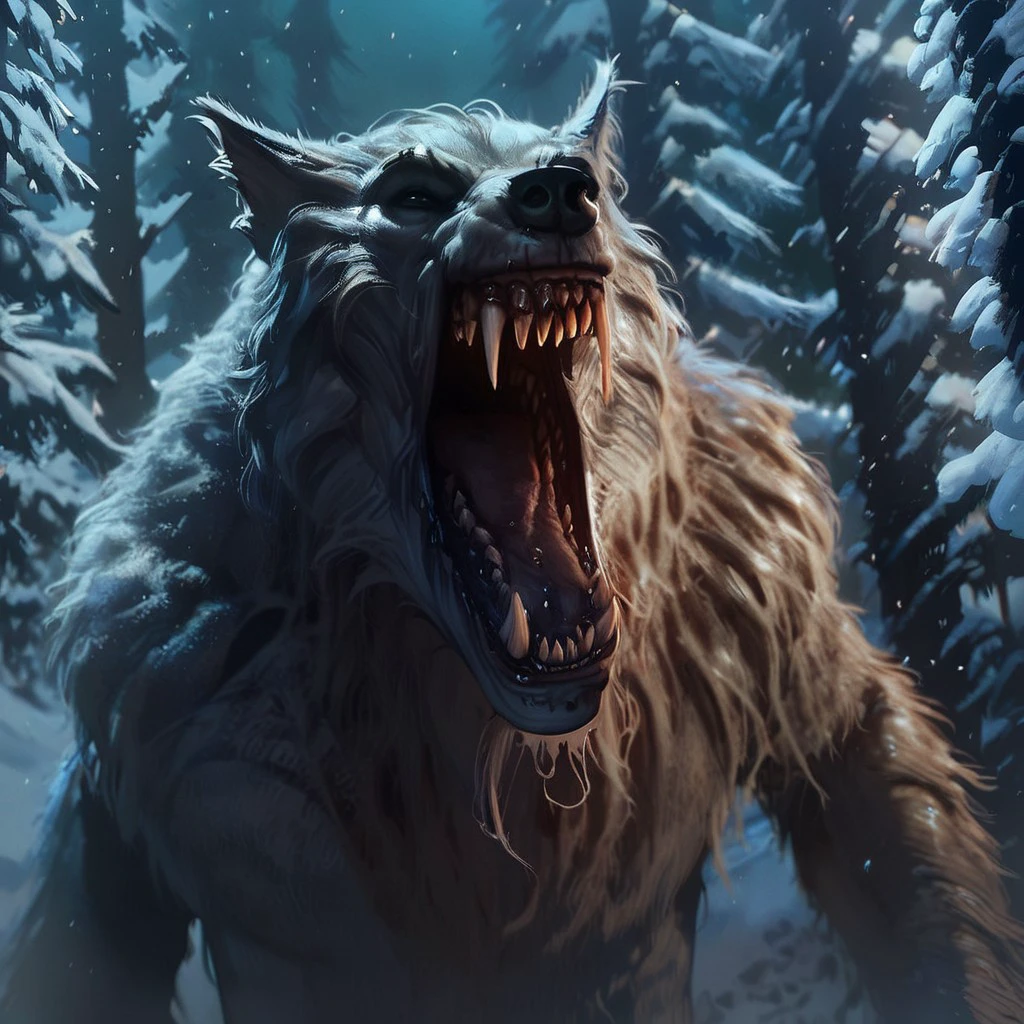 score_9, score_8_up, score_7_up, source cartoon, 1boy, werewolf, WillCorv, snow, forest, night, full body, shaggy white long fur, sharp teeth, clecnhed teeth, (close up)