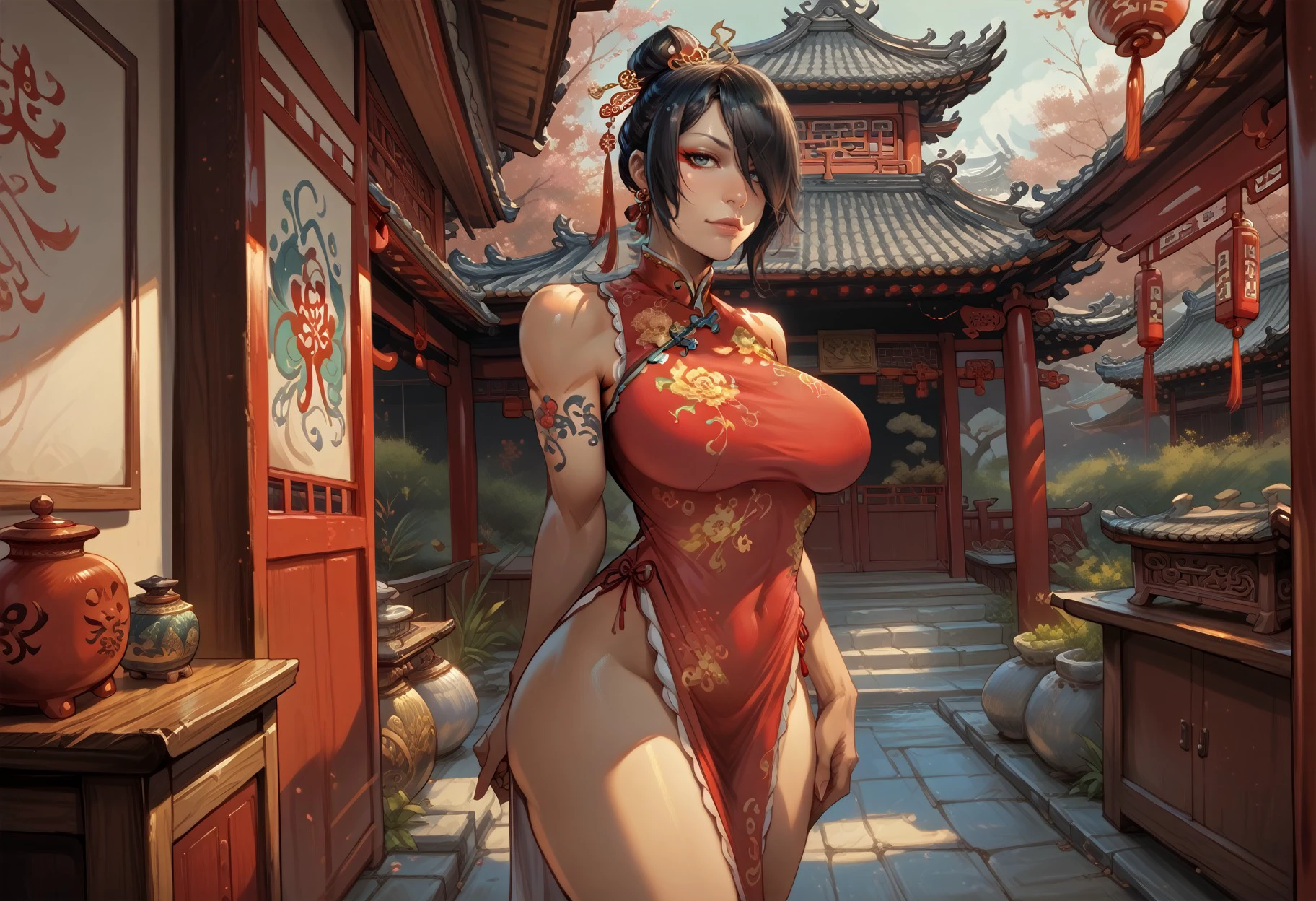 (farahdg), realistic, qipao, hair over one eye, short hair, large breasts, wide hips, 1girl, solo, tradchn, shrine, building, outdoors, east asian architecture, depth of field, score_9, score_8_up, score_7_up, score_6_up, <lora:tradchn:0.7> <lora:Expressive_H:0.5>  <lora:ReiqLycoXL:0.8> <lora:Farah_-_Legend_of_Queen_Opala:0.75> <lora:DevilHSLycoXL:1>