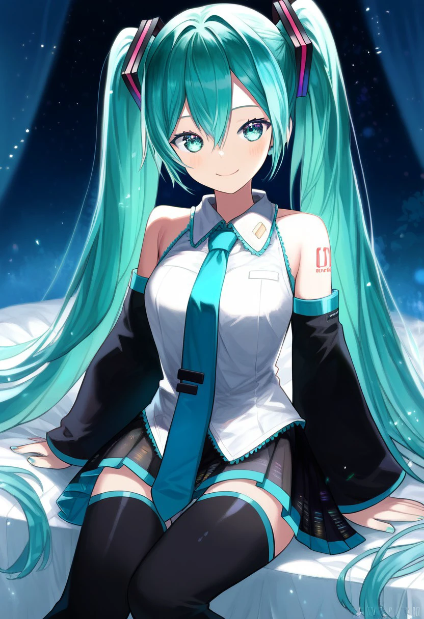 solo, 1girl, female, capriccio_style, hatsune miku, smile, absurdly long hair,aqua hair,twintails,hair ornament,sidelocks,hair between eyes,parted bangs,aqua eyes, BREAK white shirt,collared shirt,bare shoulders,sleeveless shirt,aqua necktie,detached sleeves,black sleeves,shoulder tattoo,fringe,black thighhighs,miniskirt,pleated skirt,zettai ryouiki,thigh boots, BREAK indoors, concert, scenario, colorful, portrait, BREAK ((ultra-detailed)), ((best quality)), ((best quality)), ((beautiful eyes)), ((extremely detailed)), 4K, (8K), best quality, (beautiful), Master piece, highres, score_9, score_8_up, score_7_up, score_6_up, score_5_up, score_4_up, colorful, best quality, official art, highres, masterpiece, nai3, god light, detailed background, high quality background,