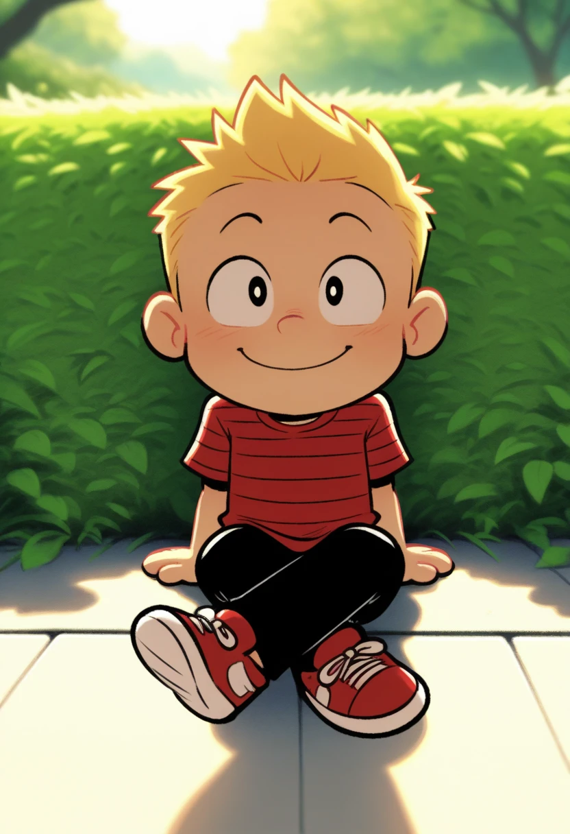 <lora:Calvin-Illustrious:0.5>,calvinah, 1boy, male focus, solo, blonde hair, chibi, red and black striped shirt,black pants,red and white shoes, full body,(Male:1.6),happy,sitting, crossed legs,
BREAK,
day, light environment, backlighting, glowing, male child focus, full body, looking up at viewer, expressive face, child, blurry outside, forrest,scenery, intricately detailed illustration, masterpiece,best quality,amazing quality,very aesthetic,