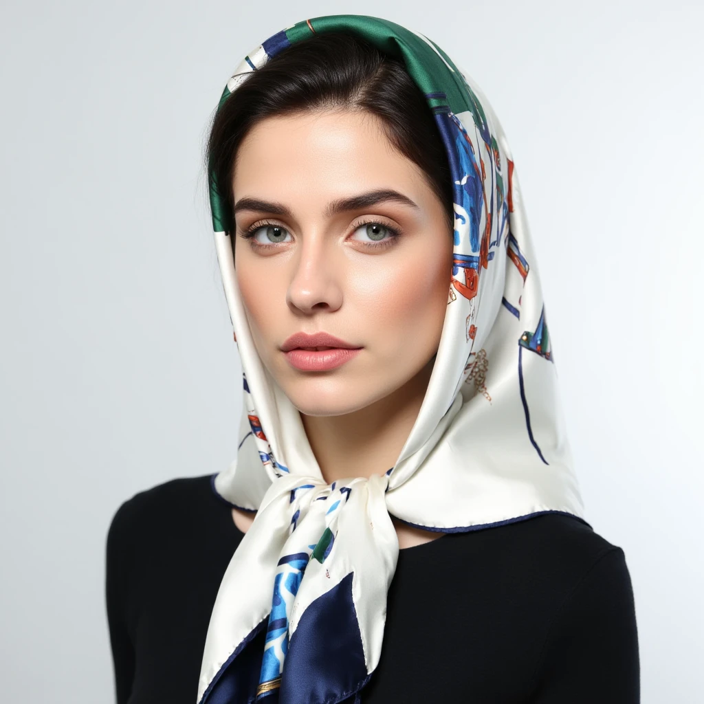 UHD, 4k, ultra detailed, cinematic, a photograph of  <lora:scarf style v1:1>
scarf a woman wearing a scarf and a black shirt, scarf style, solo, looking at viewer, blue eyes, simple background, black hair, white background, brown eyes, parted lips, scarf, lips, portrait, freckles, nose, white scarf, photorealistic, medium closeup, portrait, epic, beautiful lighting, inpsiring