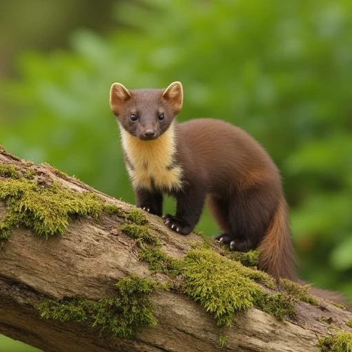 rich brown color, with its rich brown fur and distinctive white-tipped tail, with its slender, a small mammal known for its agility and adaptability, weasel-like mammal native to North America. The fisher is positioned in a natural, captures a stoat, This photograph captures a young pine marten standing on a moss-covered rock in a lush, rough wooden beam. The ferret's fur is a deep