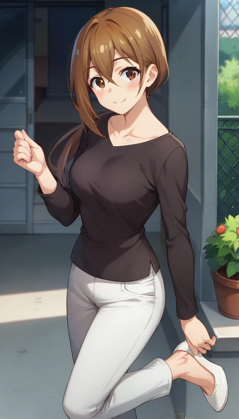 score_9,score_8_up,score_7_up,score_6_up BREAK official art,solo,outdoors,upper body,looking at viewer,facing viewer,smile,blush,Ukai sensei,brown hair,long hair,low ponytail,sidelocks,hair between eyes,bangs,brown eyes,collarbone,black shirt,long sleeves,medium breasts,white pants,high heels,white footwear,<lora:Ukai sensei(snk)-Pony:1.3>,