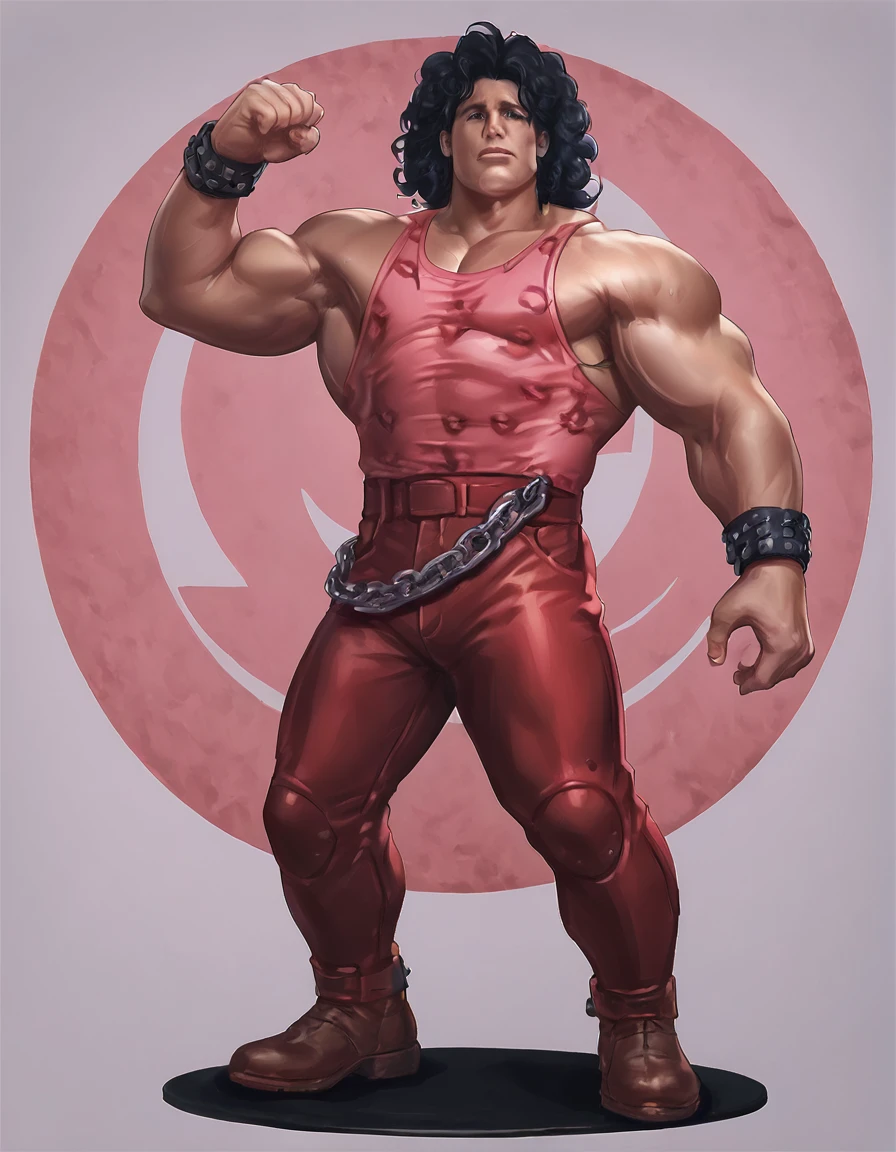 hugoandoreff, 1boy, solo, male focus, muscular, black hair, full body, from side behind, chain, curly hair, detailed background, chain belt, pink leopardprint tank top, <lora:hugo_andore_-_final_fight:0.8> 
score_9, score_8_up, score_7_up, best quality, high quality, highly detailed, cel shading, source_cartoon, <lora:Smooth Style LoRA XL:1>  , intricate detail