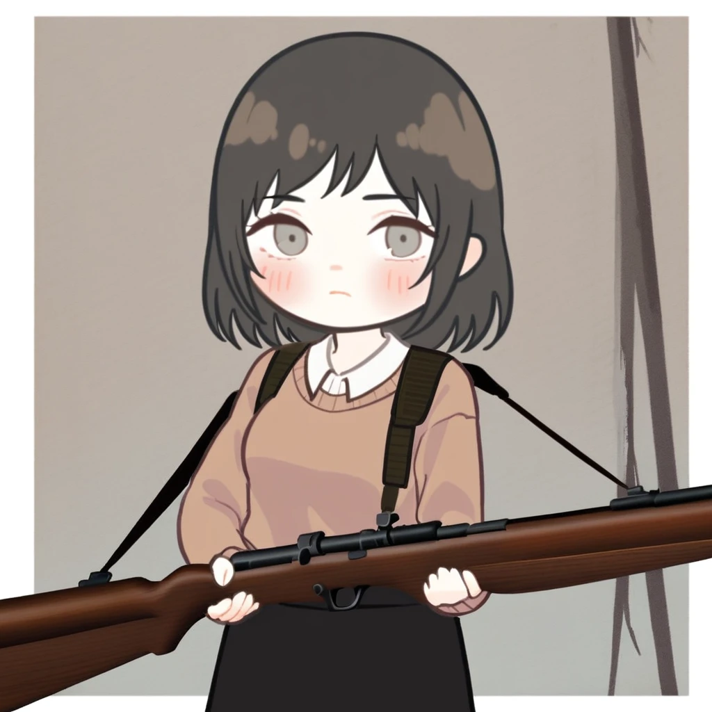 rifle, weapon, holding, white shirt, Stc, sweater, breasts, skirt, black skirt, Chibi, blush, upper body