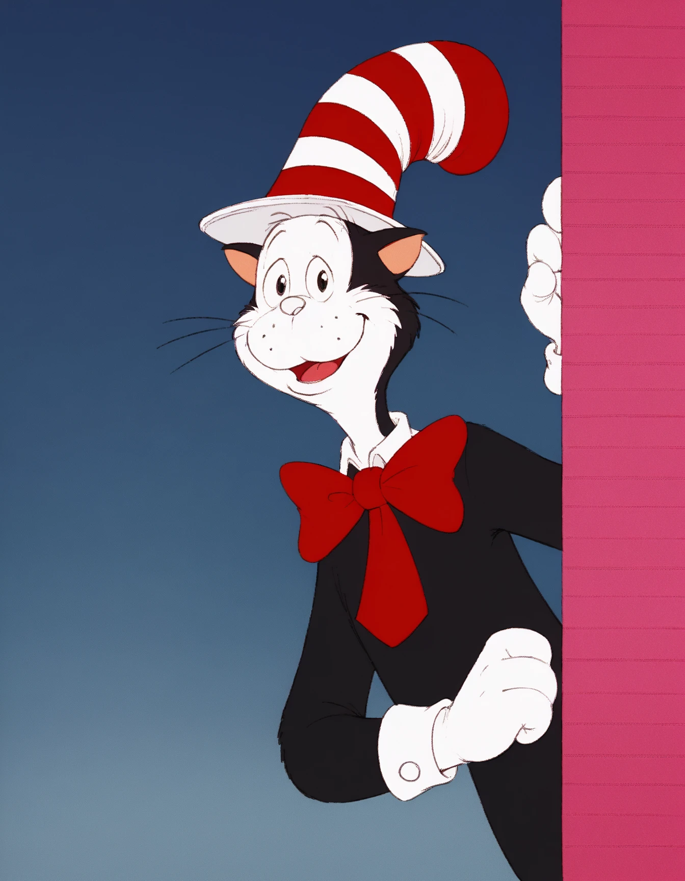 score_9, score_8_up, score_7_up, score_6_up, cartoonish and mischievous nature of the character
k1t1nTh3Hat1971,whimsical anthropomorphic cat, black fur, white face, red-and-white striped hat, red bow, cat ears, white nose, white gloves, black eyes, hiding behind wall, looking at viewer
<lora:PeekingOut_pdxl_Incrs_v1:1>
<lora:k1t1nTh3Hat1971_XL:0.9>