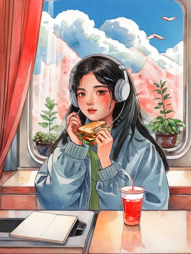 water color, 1girl, headphones, solo, cup, holding, sandwich, window, cloud, plant, Sweater Jacket, black hair, long hair, traditional media, red eyes, curtains, long sleeves, sky, jewelry,watercolor,texture,