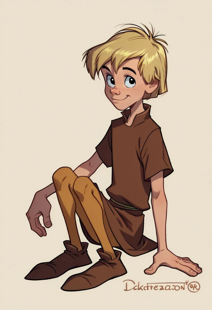 score_9, score_8_up, score_7_up, CuteCartoonStyle, 1boy, solo, male focus, Arthur, Blonde Hair, Black Eyes, Brown Tunic, Tan Leggings, Brown Shoes