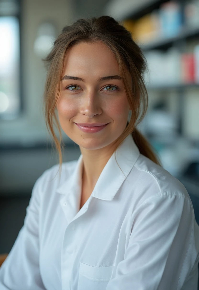 An extremely high resolution portrait photograph of a stunningly beautiful woman smiling.  background islaboratory, she is wearing luxury fabrics of Viridian