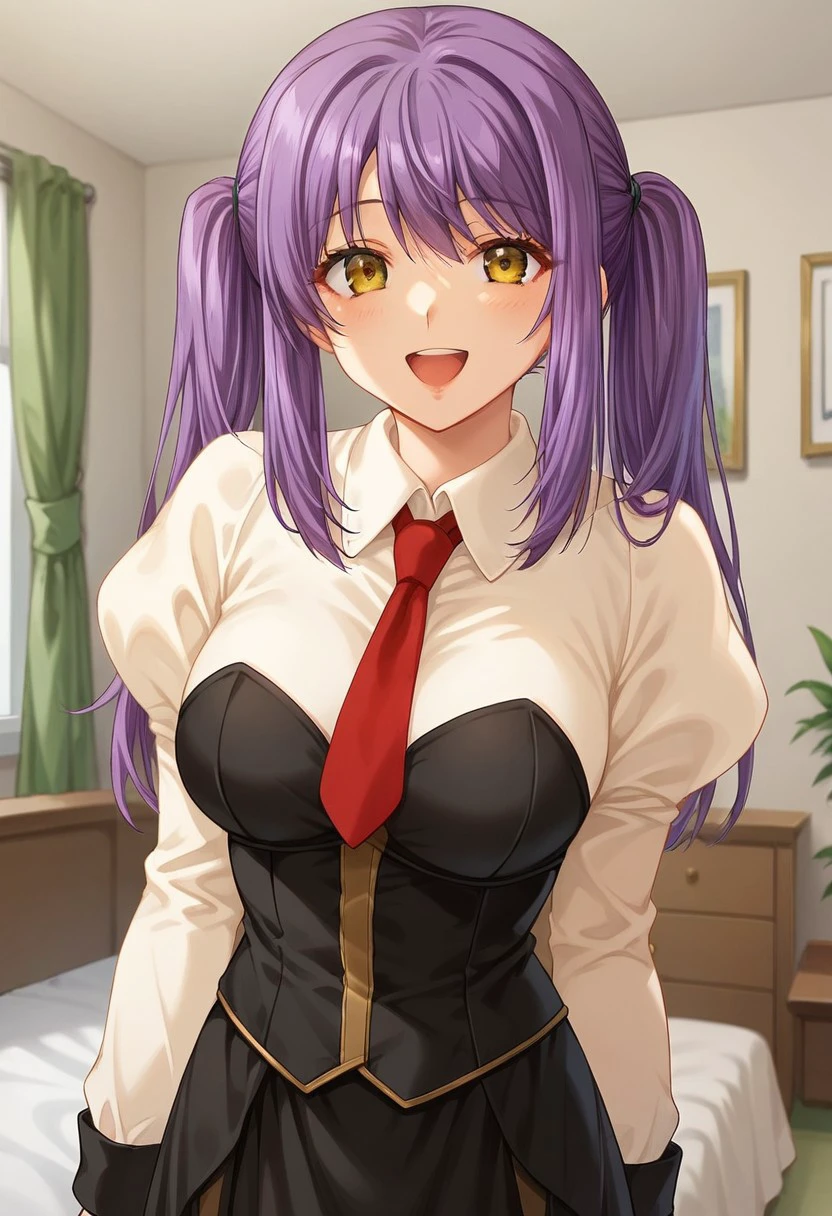 score_9, score_8_up, score_7_up, source_anime, indoors, 1girl, solo,looking at viewer, happy,indoors,medium breasts, Long hair, Twin Tails, Violet hair,bangs, yellow eyes,
long sleeves, red necktie, beige shirt, black bustier, black skirt, juliet sleeves, long skirt,