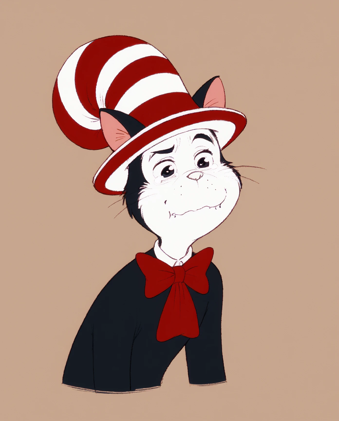 score_9, score_8_up, score_7_up, score_6_up, cartoonish and mischievous nature of the character, naked
k1t1nTh3Hat1971,whimsical anthropomorphic cat, black fur, white face, red-and-white striped hat, red bow, cat ears, white nose, black eyes, aquacrying, wavy mouth, closed mouth, tearing up, portrait<lora:concept_aquacrying_ponyXL:1.1>
<lora:k1t1nTh3Hat1971_XL:0.9>