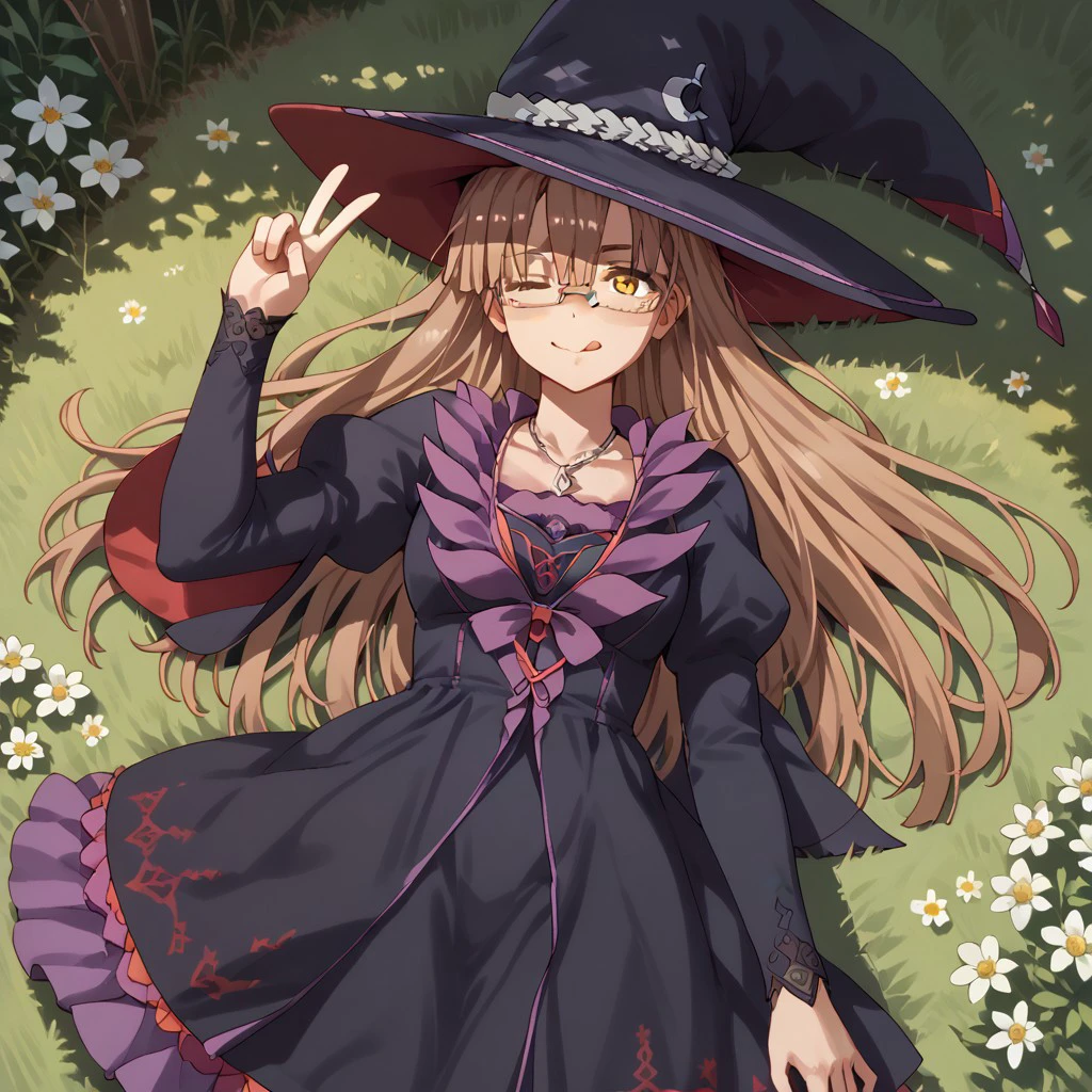 score_9, score_8, score_7, break, solo, marie_a, 1girl, brown hair, long hair, glasses, yellow eyes, dress, witch hat, on back, one eye closed, tongue, v, from above, grass, sunlight, shadow, natural lighting, flowers, slight blush