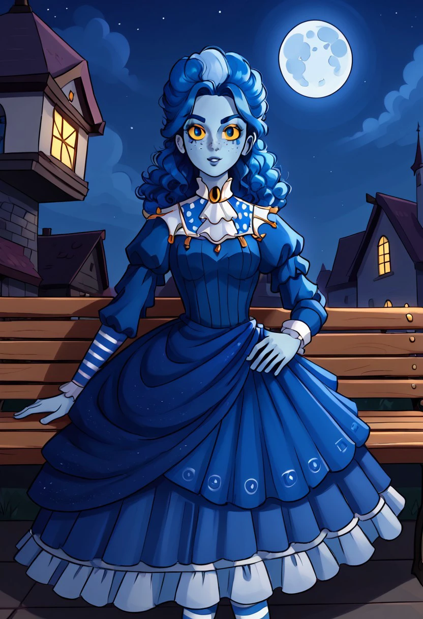 masterpiece, frankelda, 1girl, solo, dress, striped, freckles, blue hair, puffy sleeves, yellow sclera, colored skin, sit down on a bench, night, moon in the rise, loking up, low angle, wide angular lent