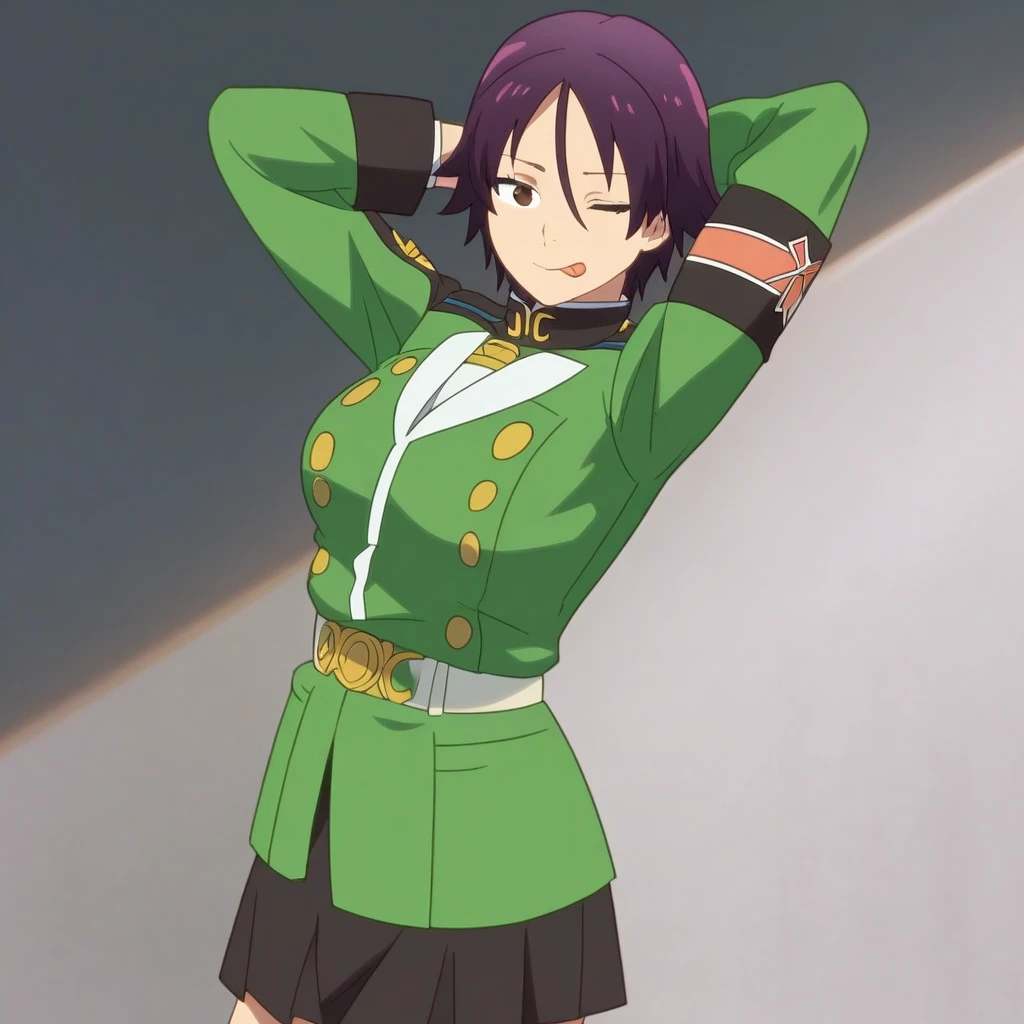 score_9, solo, micona_zol, 1girl, purple hair, short hair, black eyes, uniform, skirt, hands behind head, looking at viewer, one eye closed, tongue