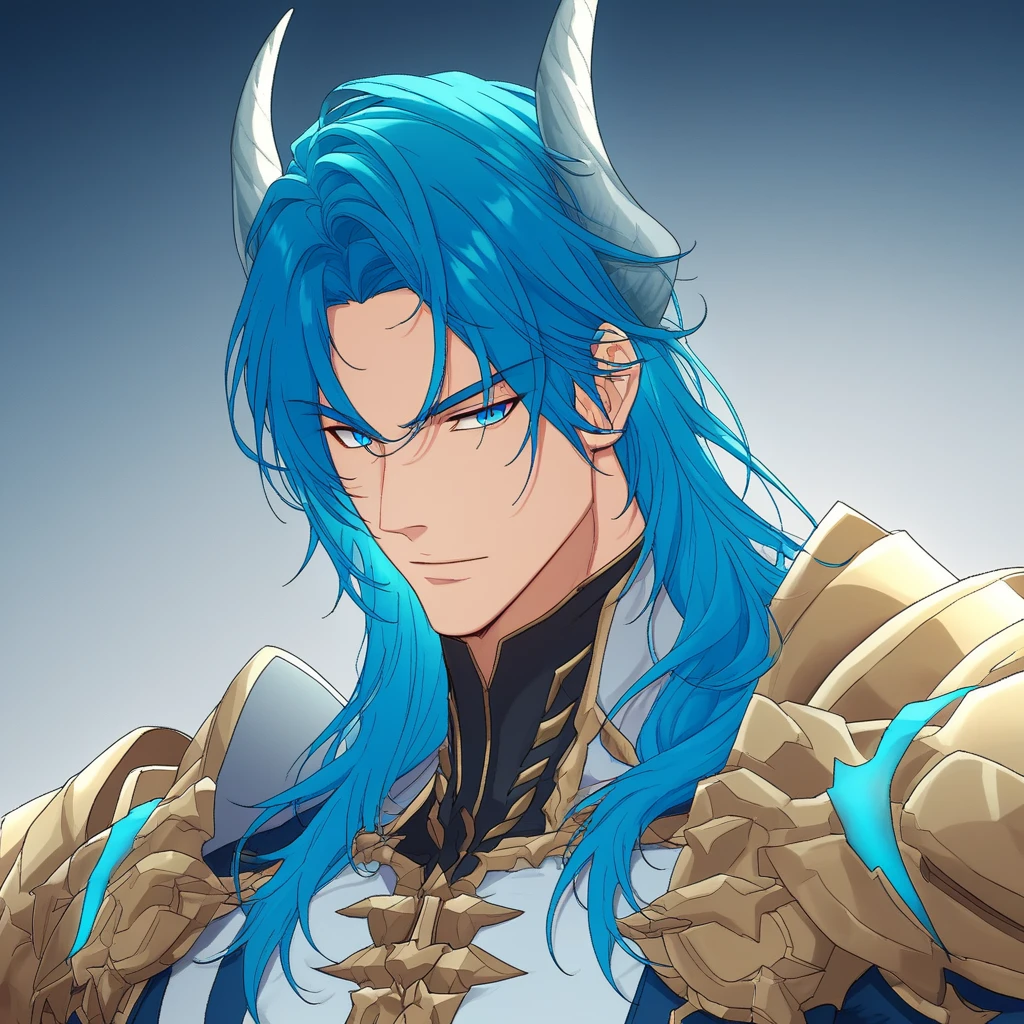 1boy, solo, blue hair, long hair, blue eyes, handsome, masculine, horns, white and blue robes, gold shoulder armor, muscular, light skin,