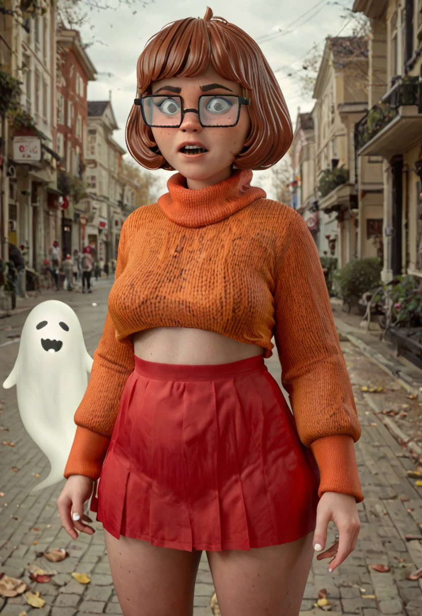 score_9, score_8_up, score_7_up Velma Dinkley age 27 orange sweater glasses freckles short skirt scared by a ghost