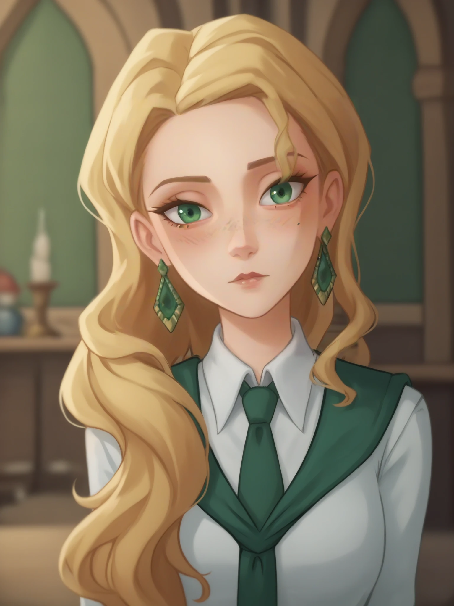 1girl, standing, looking at viewer, uncensored, score 9 up, score 8 up,
 <lora:Harry_Potter_Magic_Awakened_Cassandra_Vole_Character_PonyXL:.7>, blonde hair, long hair, jewelry, green eyes, earrings, long sleeves, hogwarts school uniform, hair over shoulder, white shirt, collared shirt, indoors, green ribbon, blush, green necktie, makeup, mole under eye, freckles, eyelashes, wavy hair