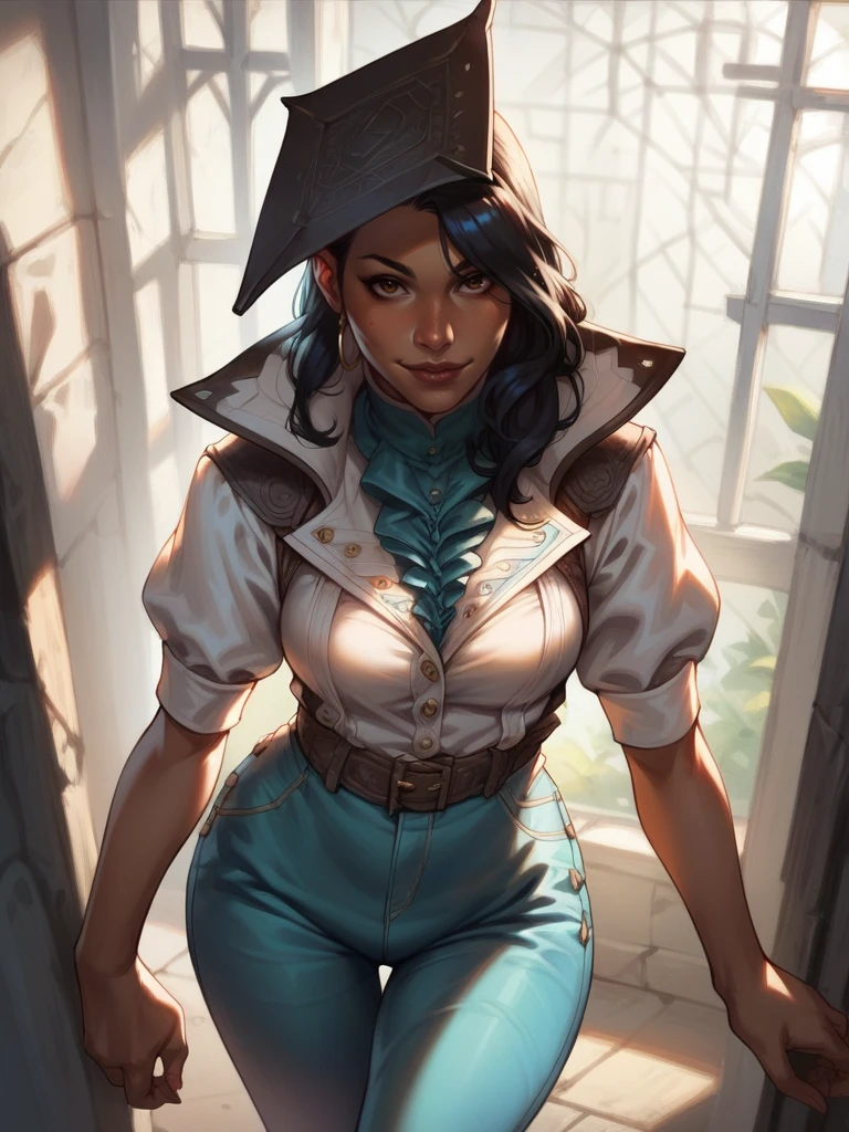 score_9, score_8_up, score_7_up, 1girl, dynamic pose, cowboy shot, light smile, looking at viewer, daylight, sexy pose, sexually suggestive, white light,
<lora:ANaveGallus_character:0.8>, NaveGallus, black hair, long hair, brown eyes, dark skin, white shirt, blue pants, belt, high collar, hat, cartoon, <lora:Realistic_2.5DAnime_Merge1:0.6> from above,