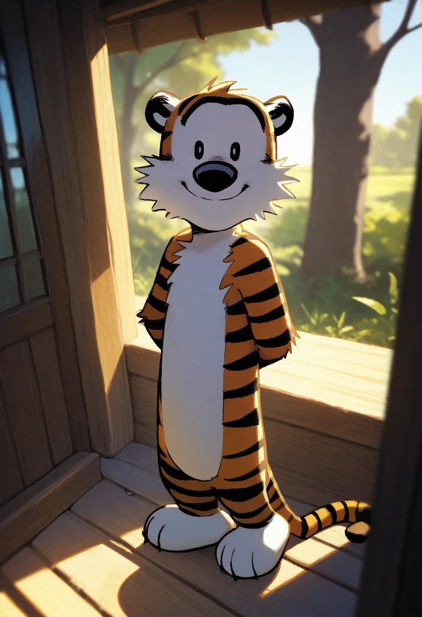 <lora:Hobbs-Illustrious:1>,hobbesca, tiger, furry, full body,(Male:1.6),
BREAK,
day, light environment, backlighting, glowing, male child focus, full body, looking up at viewer, expressive face, child, blurry outside, forrest,scenery, intricately detailed illustration, masterpiece,best quality,amazing quality,very aesthetic,