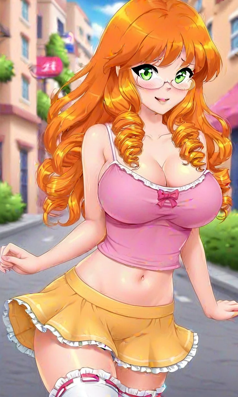 1girl,solo,masterpiece,smile,(embarrassed),large breast,(pink camisole:1.5),frilled skirt,yellow skirt,(stomach),navel,frilled thighhighs,outdoor,street,orange hair,long hair,drill hair,green eyes,glasses,