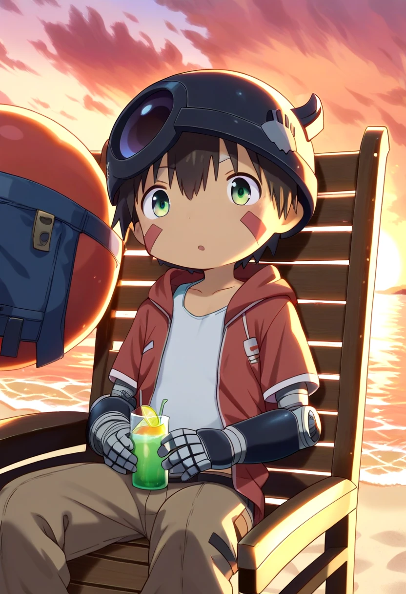 score_9, score_8_up, score_7_up BREAK
extremely detailed eyes, beach, sunset, red clouds, detailed environment, solo, sitting in a beach chair,
<lora:made_in_abyss_reg_v10_pony:0.8> 1boy, mia_reg, shirt, helmet,black mechanical arms,black mechanical legs, red facial mark, brown pants, green eyes, tanned skin,