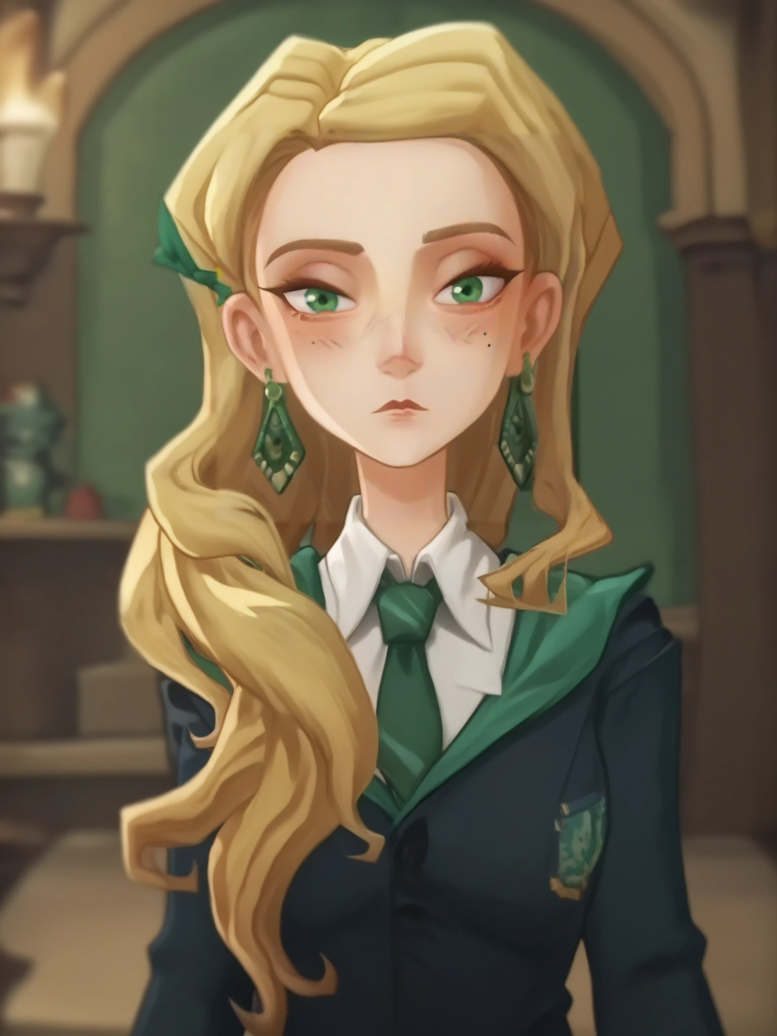 1girl, standing, looking at viewer, uncensored, score 9 up, score 8 up,
 <lora:Harry_Potter_Magic_Awakened_Cassandra_Vole_Character_PonyXL:1>cassandra_vole_harry_potter, blonde hair, long hair, jewelry, green eyes, earrings, long sleeves, hogwarts school uniform, hair over shoulder, white shirt, collared shirt, indoors, green ribbon, blush, green necktie, makeup, mole under eye, freckles, eyelashes, wavy hair