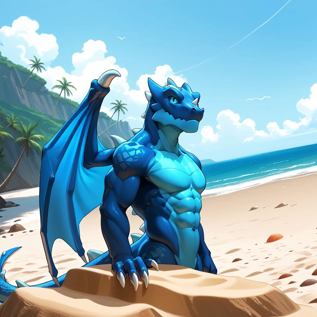 score_9, score_8_up, score_7_up,source_furry, furry , muscular male, dragon , masterpiece, high quality, best quality, rating_safe,BREAK,no humans,colored sclera, full body, from side,  claws, beach, electro dragon, nose horn, blue sky, sea, sand, tree, blue body, wings, (upper body:1.3) , (closed mouth), abs, large pectorals, looking at viewer