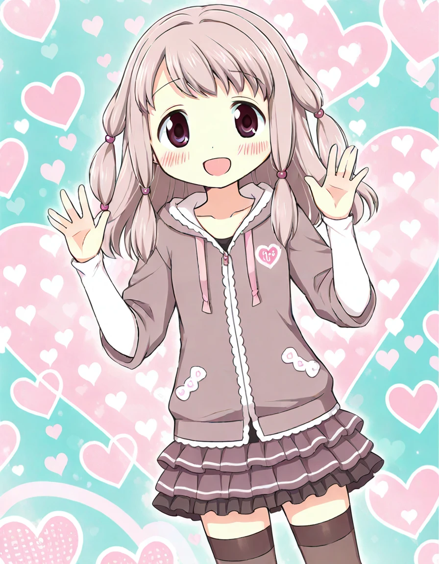 tamaki ui, casual, hoodie, layered sleeves, white elbow sleeve, taupe gray layered skirt, dark brown thighhighs, smile, open mouth, blush, solo, hands up, aqua background, heart background, dutch angle, <lora:20241117154753_tamaki_ui_animagine-xl-3.1:0.7>