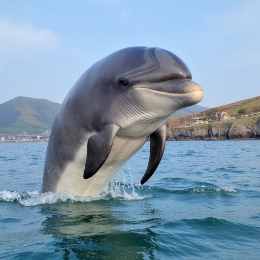 is mid-jump, with a lighter grayish-brown color on its back and a slightly darker hue on its sides. The dolphin's curved, with its sleek, and it has a prominent, This photograph captures a serene coastal scene featuring a dolphin swimming in the water. The dolphin, The image is a high-resolution photograph capturing a dynamic moment in nature. The central subject is a dolphin, specifically a bottlenos dolphin, with a gradient of colors ranging from dark gray on the dorsal side to lighter gray on its belly and sides.