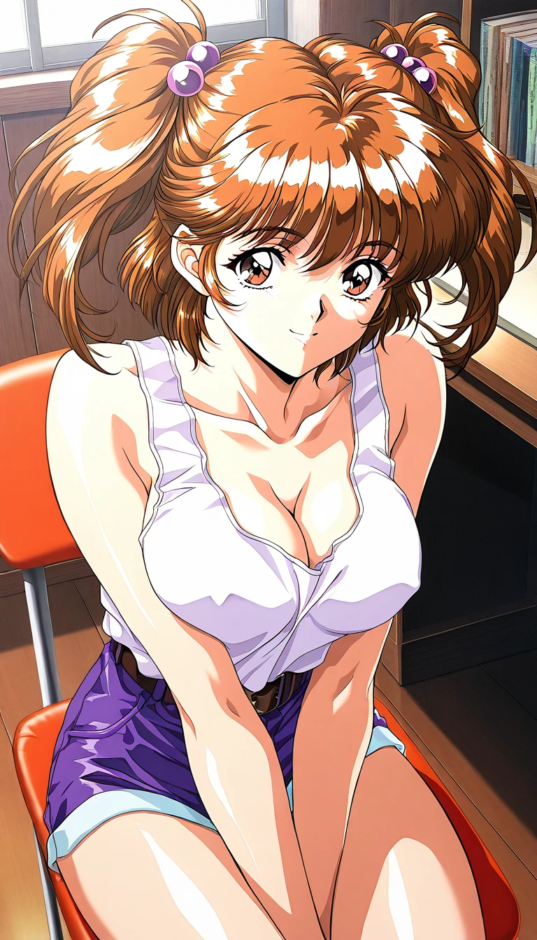 masterpiece, best quality, good quality, <lora:Kawarazaki_Rei_IS:1>Kawarazaki_Rei, brown hair, twintails, brown eyes, large breasts, short hair, hair bobbles, 1990s \(style\), yokota mamoru artstyle,
 1girl, solo, cleavage, smile, sitting, tank top, short twintails, collarbone, book, indoors, chair
happy, smile,