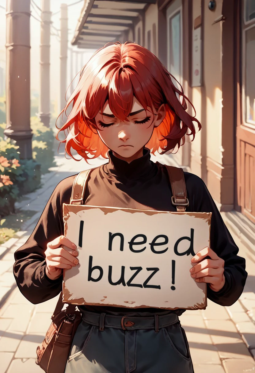 score_10, score_9, score_8, score_7_up, need_buzz, holding sign, source_anime, 1girl, red hair, closed eyes, confident