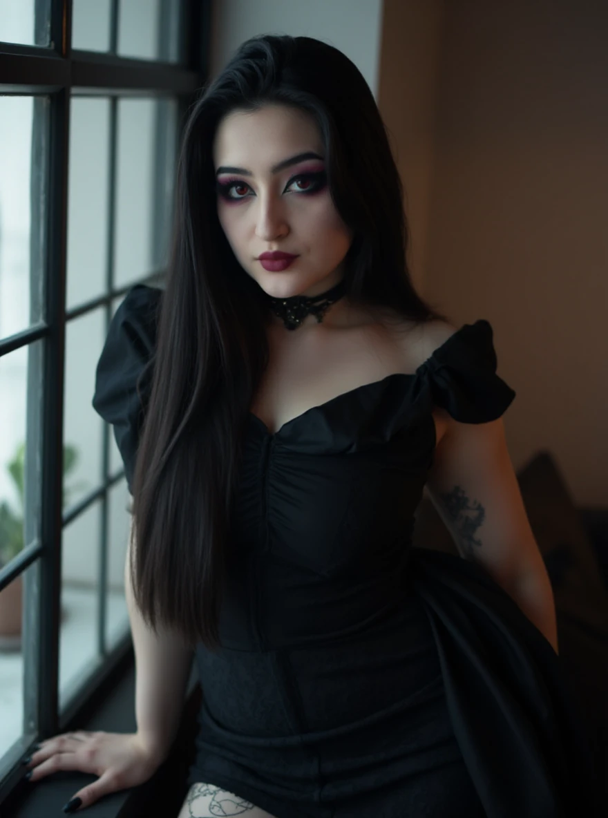portrait of ch4rl0tt3g3rm4n woman, posing on a office, glass window, serene and warm, natural lighting, soft focus, high-resolution, elegant and introspective atmosphere, quiet sophistication, wearing a gothic outfit, slight smile, makeup