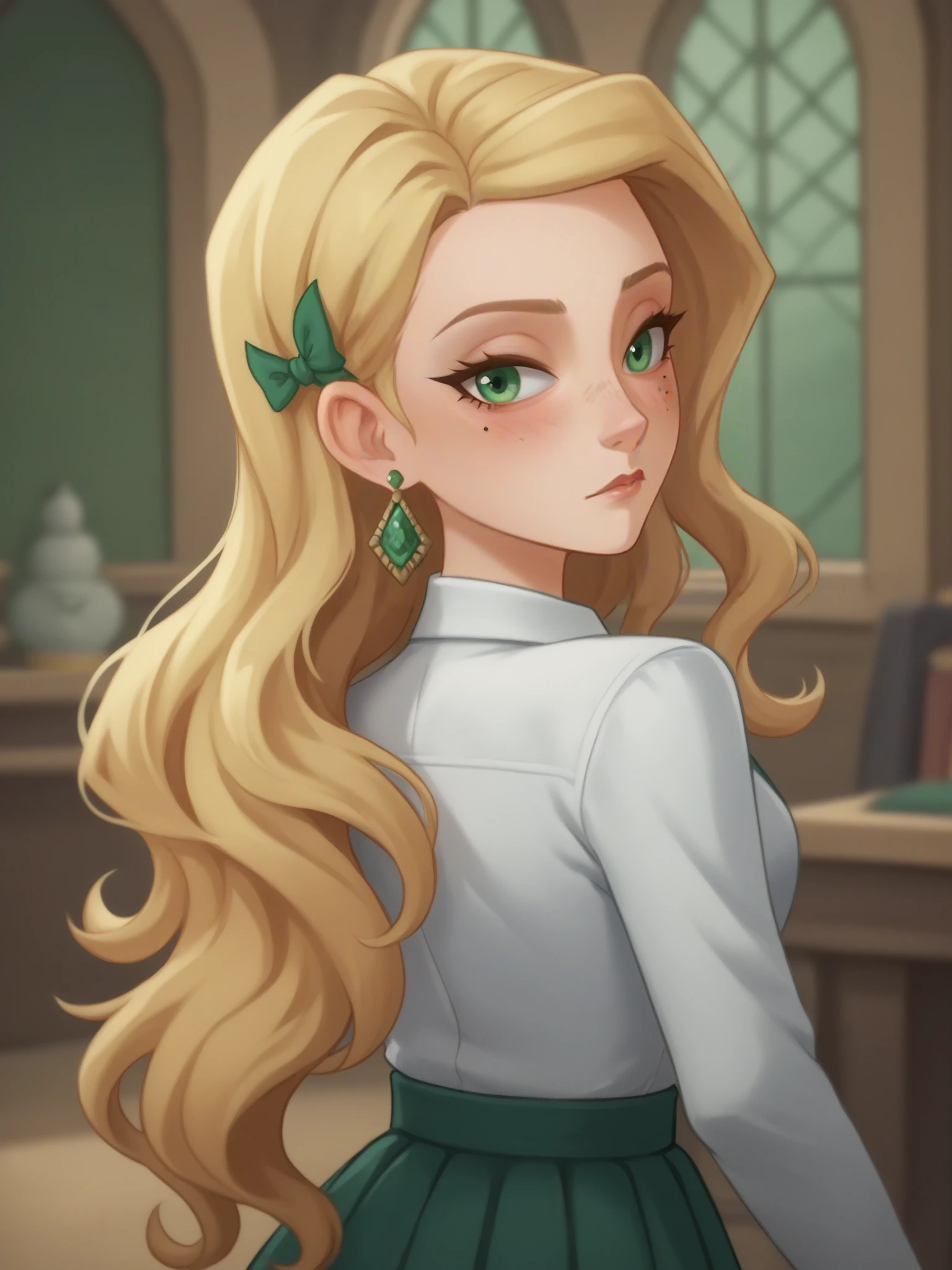 1girl, looking back at viewer, uncensored, score 9 up, score 8 up,
 <lora:Harry_Potter_Magic_Awakened_Cassandra_Vole_Character_PonyXL:.6>, blonde hair, long hair, jewelry, green eyes, earrings, long sleeves, hogwarts school uniform, hair over shoulder, white shirt, collared shirt, indoors, green ribbon, blush, green necktie, makeup, mole under eye, freckles, eyelashes, wavy hair