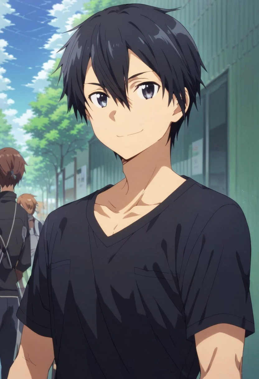 Score_9, score_8_up, score_7_up, score_6_up, scre_5_up, source_anime, BREAK, Kirito Sword Art Online, hair between eyes, Black Eyes, black hair, Kirito, solo, closed mouth, 1boy, smile, looking at viewer, male focus, upper body, black tshirt, smile