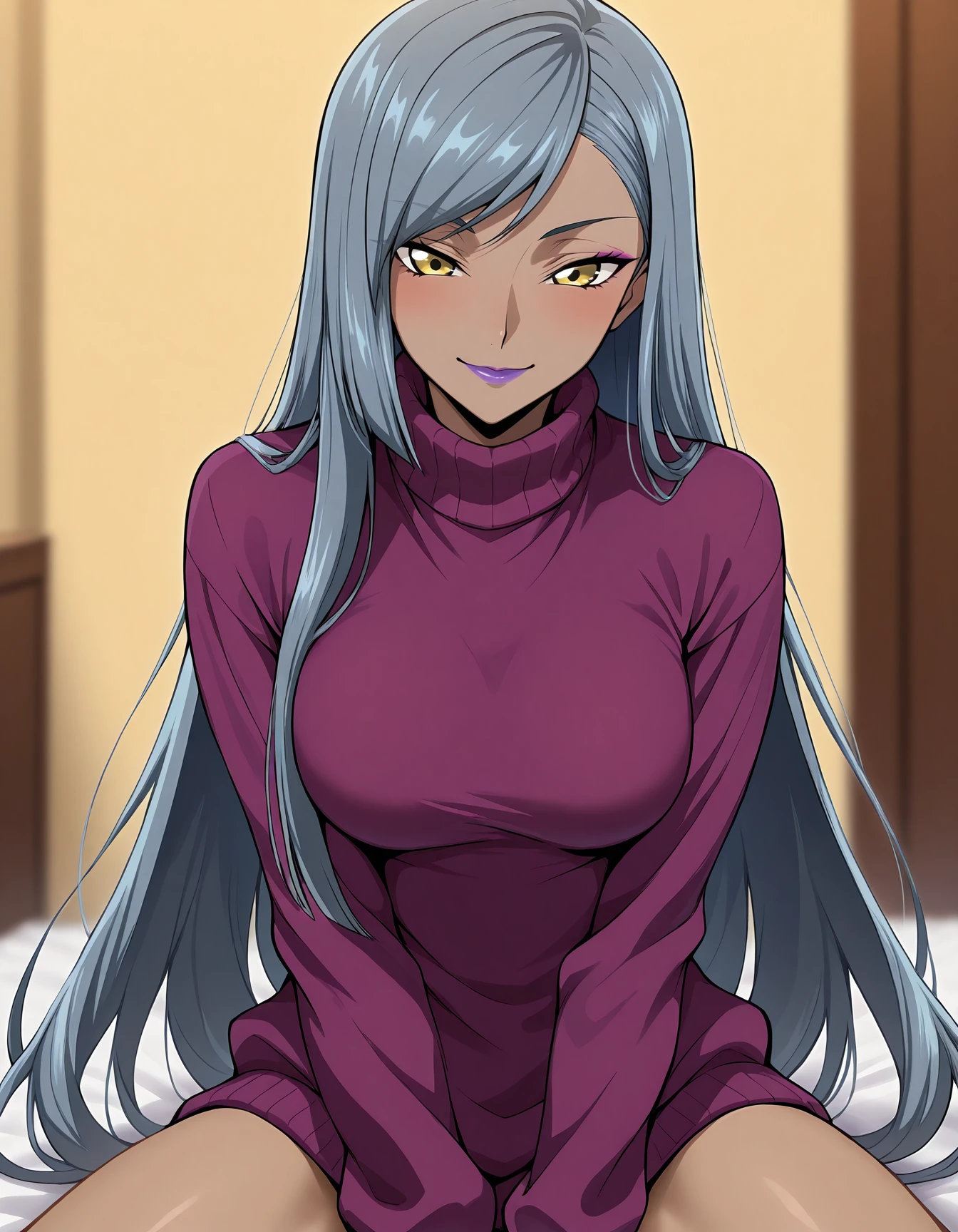 <lora:Villetta_Nu_Code_Geass:1>Villetta_Nu, hair down, dark skin, yellow eyes, grey hair, purple lipstick, sweater, sitting, blush, smile, indoors, depth of field,, blurry background, masterpiece, best quality