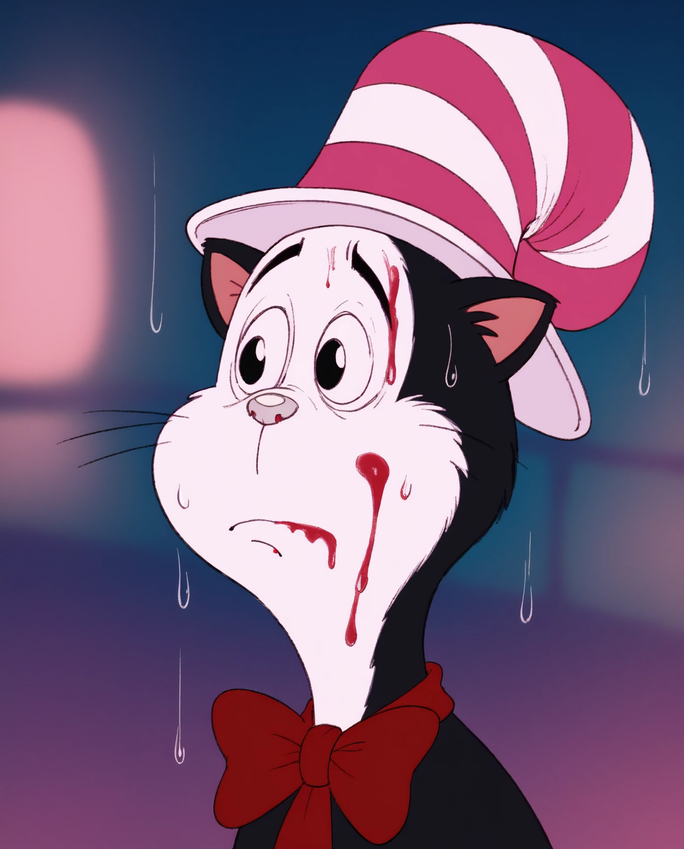 score_9, score_8_up, score_7_up, score_6_up, cartoonish and mischievous nature of the character,
k1t1nTh3Hat1971,cat, black fur, white face, red-and-white striped hat, red bow, cat ears, white nose, black eyes, bandaid on nose, blurry background, pink lighting, night, dark, pink theme, blood on face, rain, closed mouth, sad face, pain, portrait
<lora:YouLookLonelyXL_byKonan:1>
<lora:k1t1nTh3Hat1971_XL:0.9>
