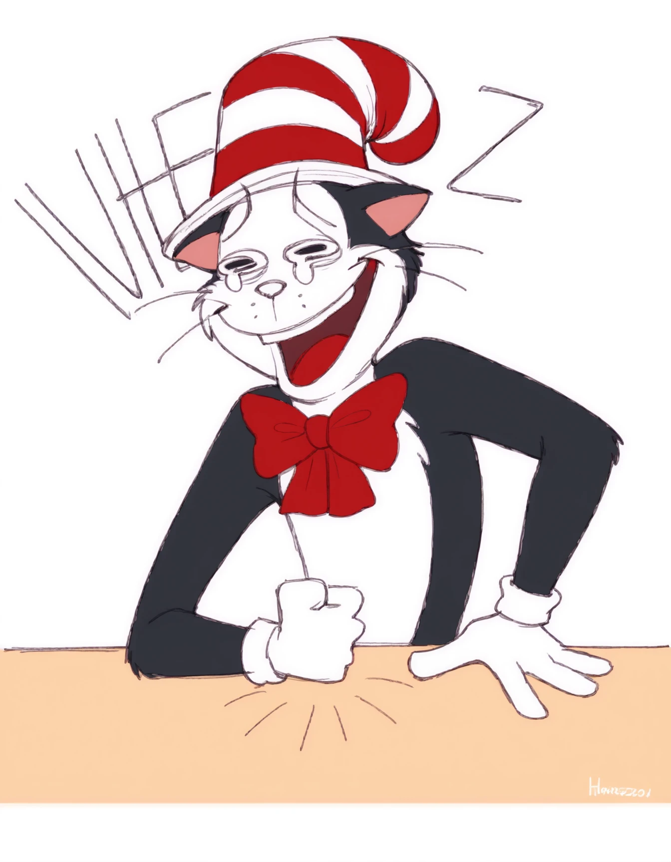 score_9, score_8_up, score_7_up, score_6_up, cartoonish and mischievous nature of the character
k1t1nTh3Hat1971,whimsical anthropomorphic cat, black fur, white face, red-and-white striped hat, red bow, cat ears, white nose, white gloves, black eyes, 4 fingers, Wheeze, open mouth, tears, laughing, hand on table, clenched hand
<lora:Wheeze_XLPD:1.1>
<lora:k1t1nTh3Hat1971_XL:0.8>