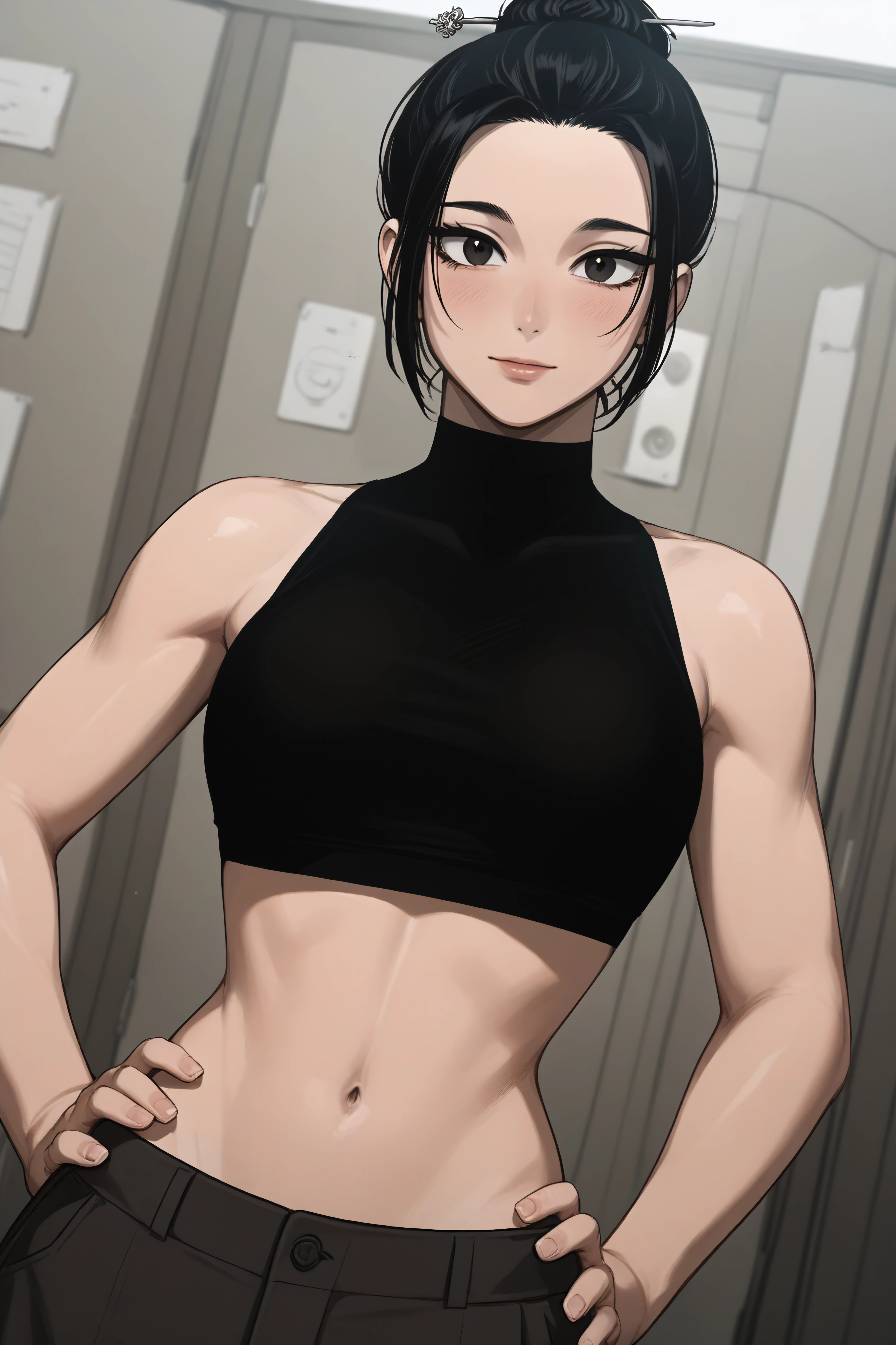 score_9, score_8_up, score_7_up, score_6_up, source_anime, BREAK, <lora:Han Gayoon-PonyXL-lora-Faxtron:1> han gayoon, black eyes, black hair, single hair bun, black crop top, sleeveless, bare shoulders, navel, pants,