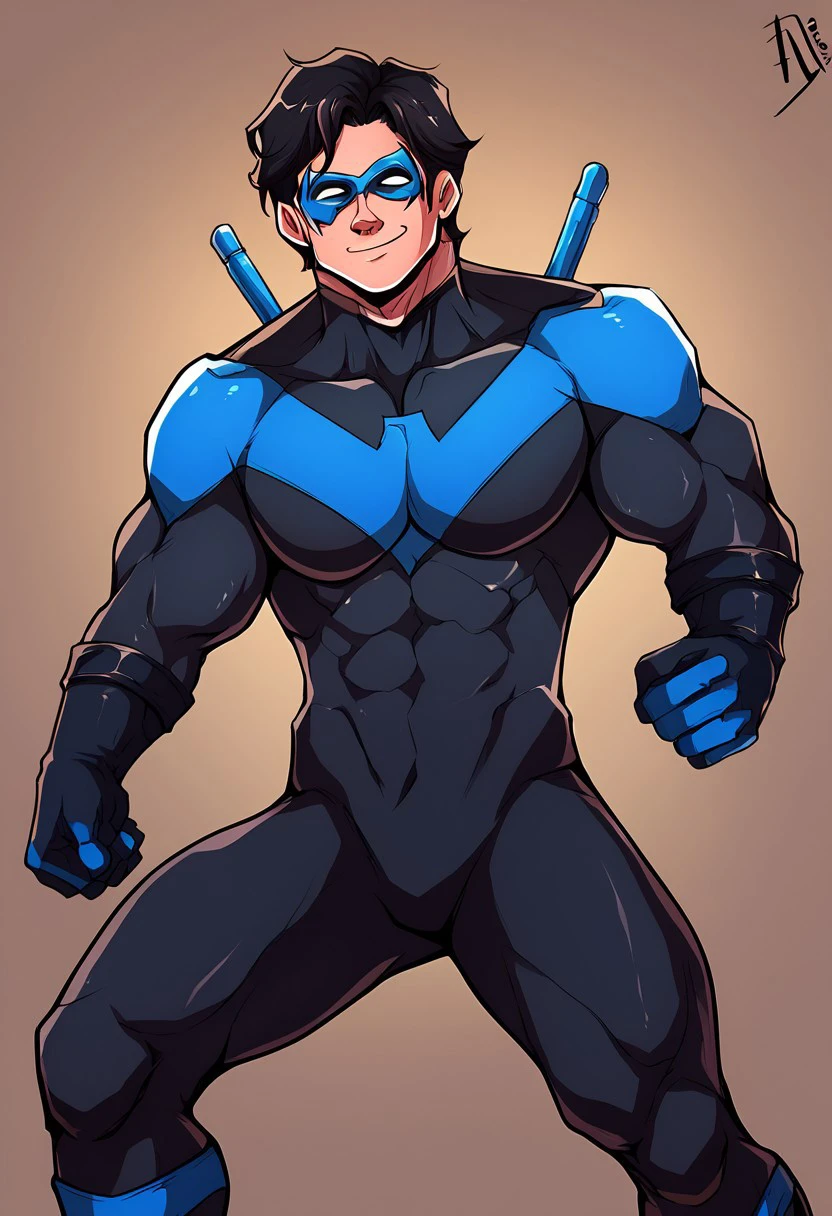 score_7, score_8, score_9, high quality, best quality, absurdres, mature male, 1male, solo, male focus, nightwing, solo, smile, short hair, black hair, gloves, 1boy, holding, closed mouth, male focus, bodysuit, mask, muscular, night, pectorals, muscular male, dynamic pose, black bodysuit, superhero, blue bodysuit, domino mask,