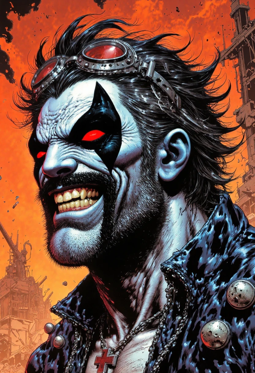 a highly detailed, digital illustration in a comic book style, it depicts L0b0Dc man, he wears a pair of goggles perched atop his forehead, the background is a fiery, orange-red sky, suggesting a post-apocalyptic or dystopian setting, with crumbling structures and debris scattered around, the overall color palette is dominated by dark grays and blacks, with highlights of red and orange, enhancing the sense of intensity and danger, the illustration is highly polished, with meticulous attention to detail in the textures and shading, giving it a realistic yet stylized appearance<lora:CustomFlux/L0b0Dc.safetensors:1.0:1.0> <lora:Flux/Vintage comic book.safetensors:1.0:1.0>